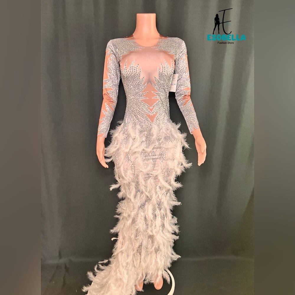 Long-Sleeve Crystal-Embellished Bodycon Floor-Length Dress with White Feathers
